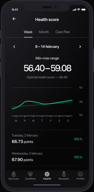 The UI of the health score page of Patientory mobile app