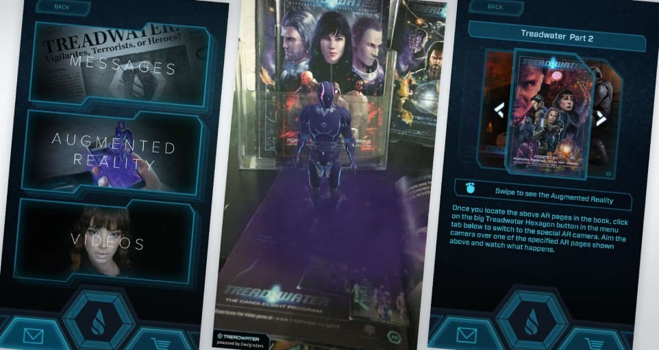 The opening screen, AR part, and textual information of Treadwater universe