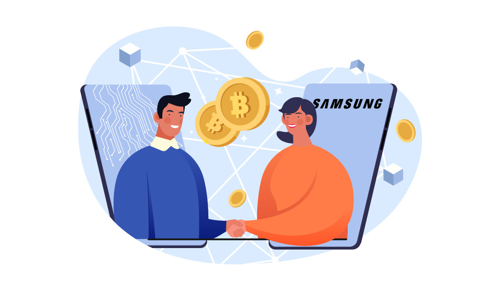 Two people shaking hands next to bitcoin tokens