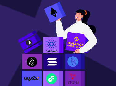 Ten boxes with logos of Ethereum, Flow, Binance Smart Chain, Cardano, Solana, EOS, WAX, Algorand, Tezos, and Iron and a person holding the boxes with Ethereum and Binance Smart Chain logos
