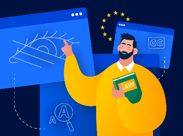 A person holds a law book and points to web accessibility elements