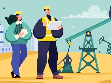 Two oil-industry workers on a plant and oil pumpjack background